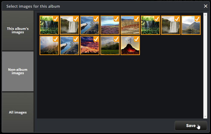 Выбор загруженных изображений для добавления в альбом перед сохранением