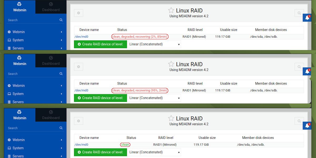 Webmin interface showing progress of a RAID 1 Rebuild