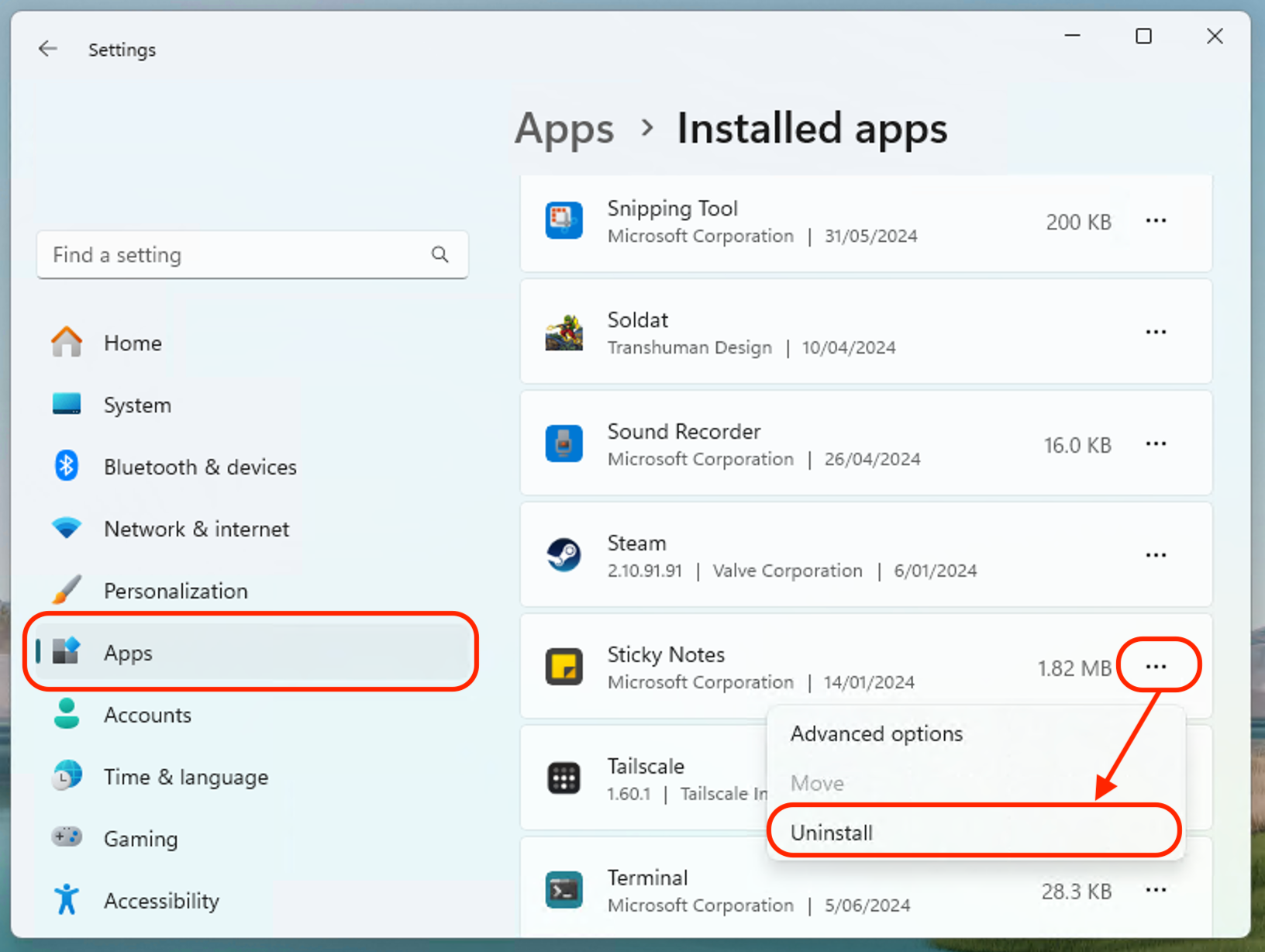 Экран «Установленные приложения» в настройках Windows 11