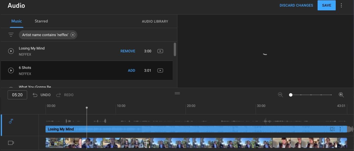 Встроенная аудиотека YouTube и добавление трека в редактор