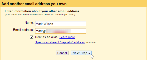 Окно добавления адреса отправки в Gmail