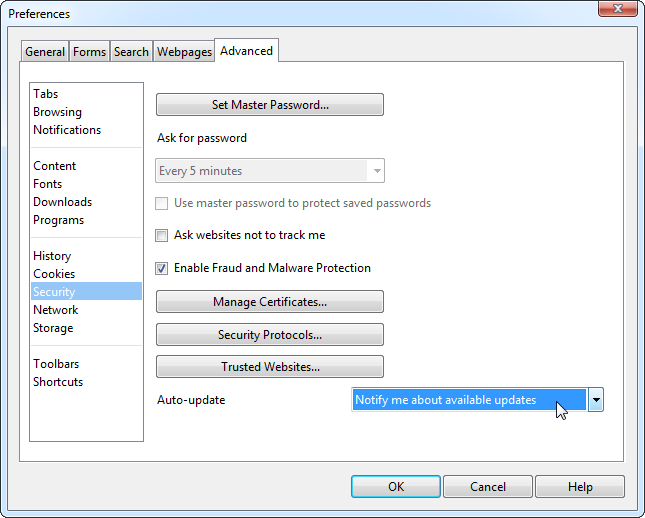 Настройка оповещений об обновлениях в Opera