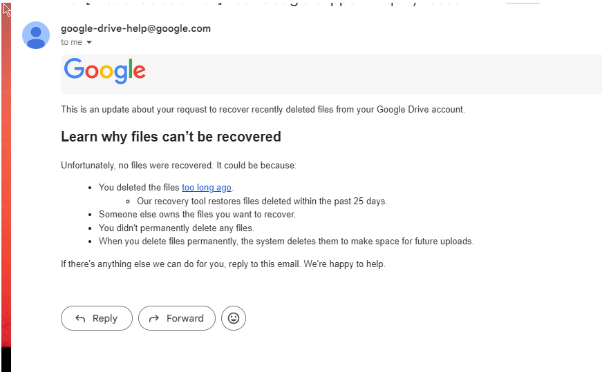 Письмо от Google с подробностями о неудавшейся попытке восстановления файлов.