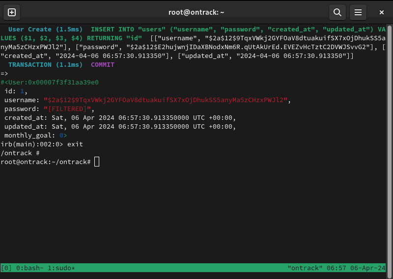 Терминал, показывающий процесс выхода из контейнера Ontrack.