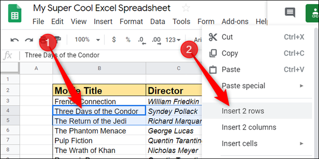 The same action can be completed using the right-click context menu. Select some cells, and then right-click to view the options for rows or columns.