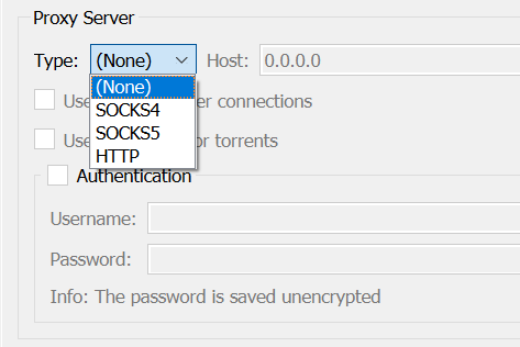 Раздел Proxy Server в qBittorrent с выбором типа прокси