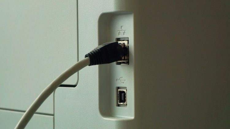 Задняя панель сетевого принтера с кабелями