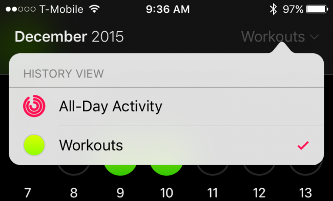 Раздел Тренировки в приложении Активность на iPhone