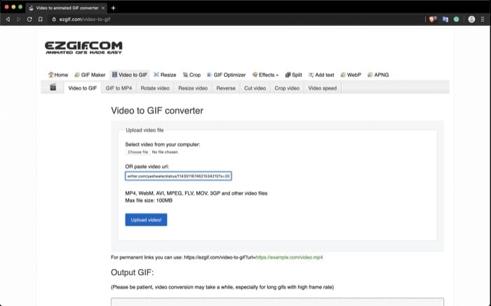 Поля ввода URL на сайте EZGIF