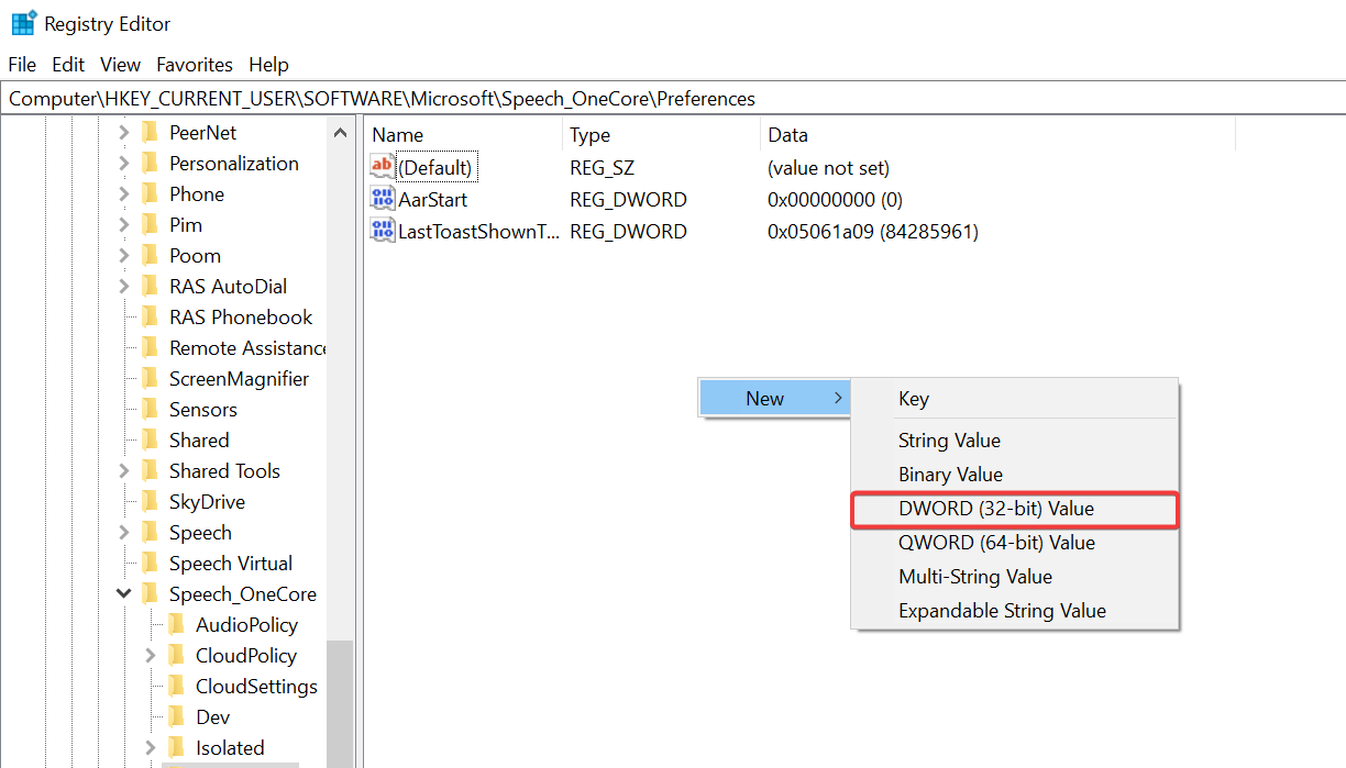 Создание нового параметра DWORD в реестре для включения Cortana на экране блокировки