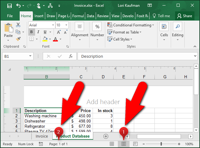 Номер страницы на строке состояния Excel