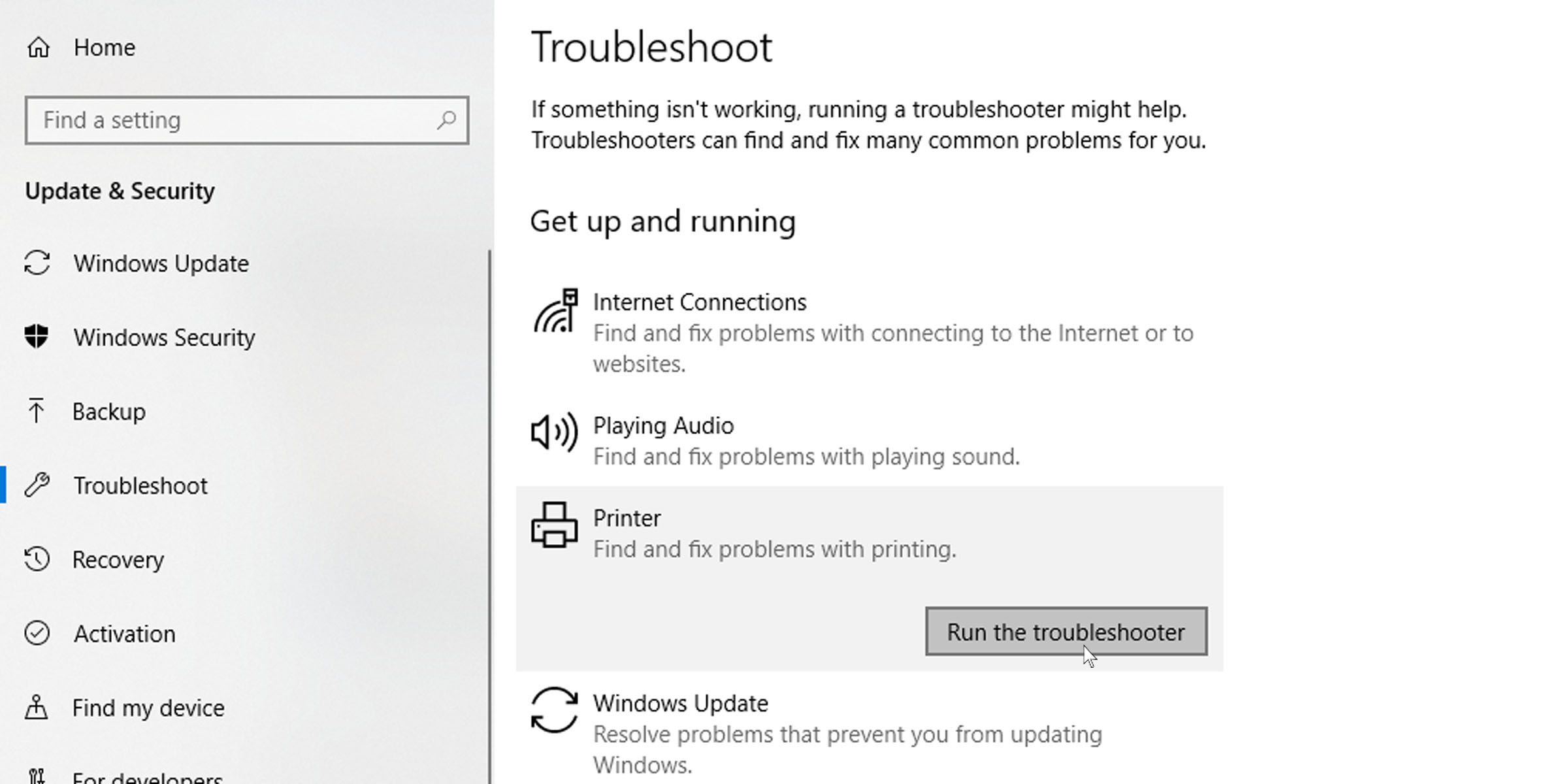 Запуск средства устранения неполадок принтера в Windows