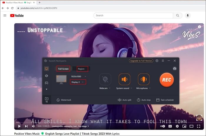 Выбор режима Full Screen или Region в EaseUS RecExperts