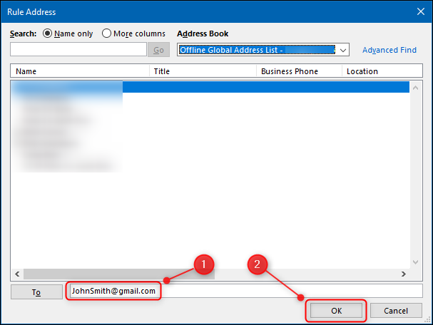 Поле для выбора адресата