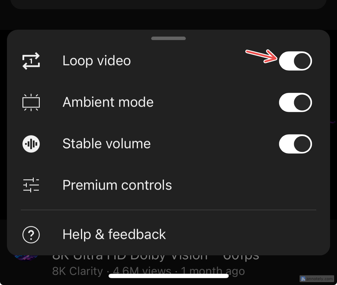 Опция «Loop Video» в меню YouTube