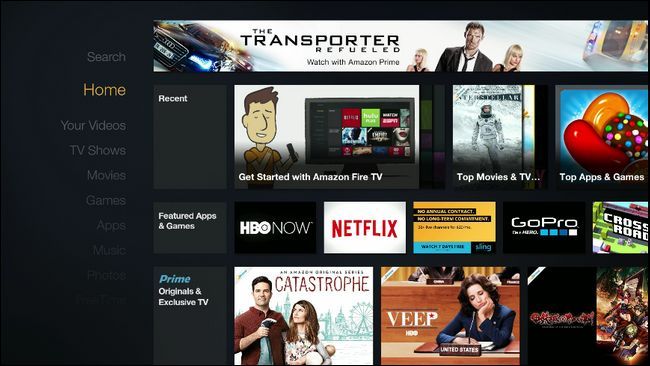 Главное меню Fire TV с выделенным верхним рядом и навигацией