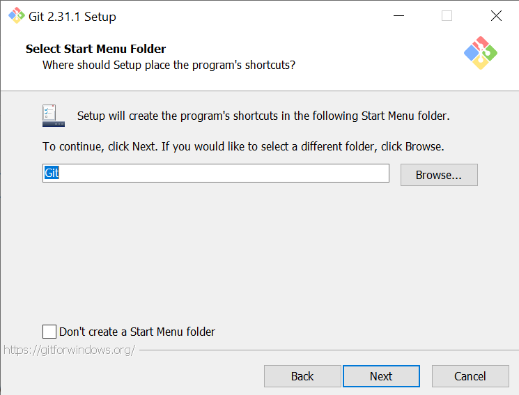 Выбор папки в меню «Пуск» для Git