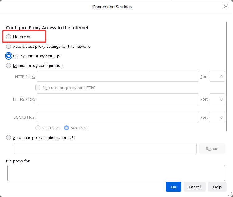 Настройка прокси — выбрать Без прокси если прокси не используется