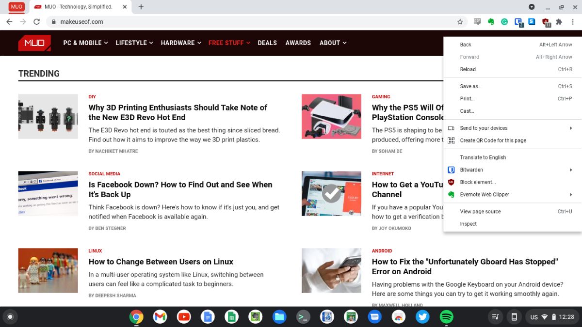 Контекстное меню правого клика на Chromebook