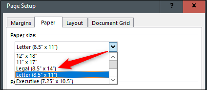 change paper size in page layout menu