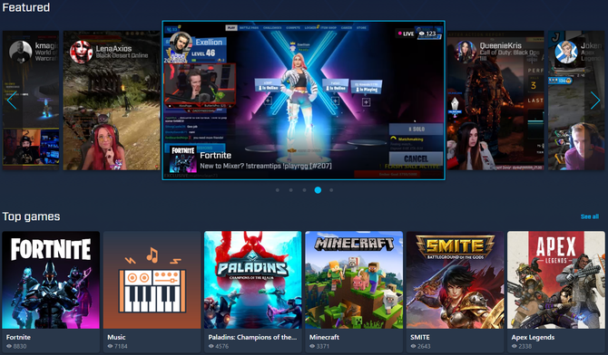 Главная страница Mixer с подборкой стримов
