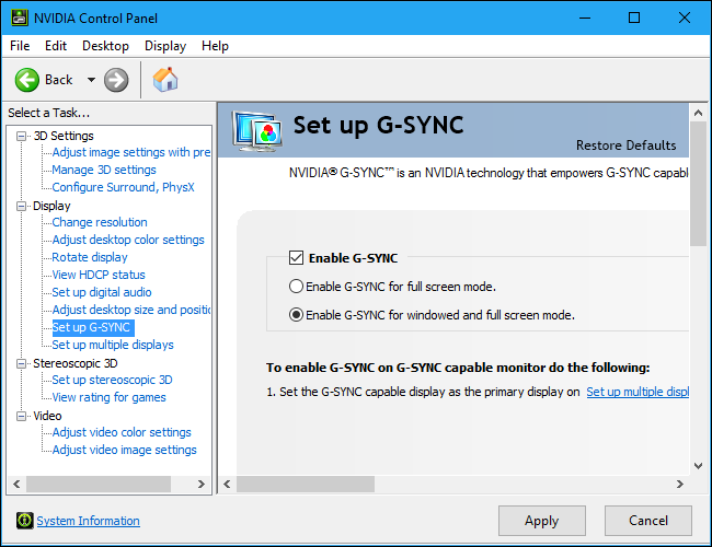 Настройка G-Sync в панели NVIDIA