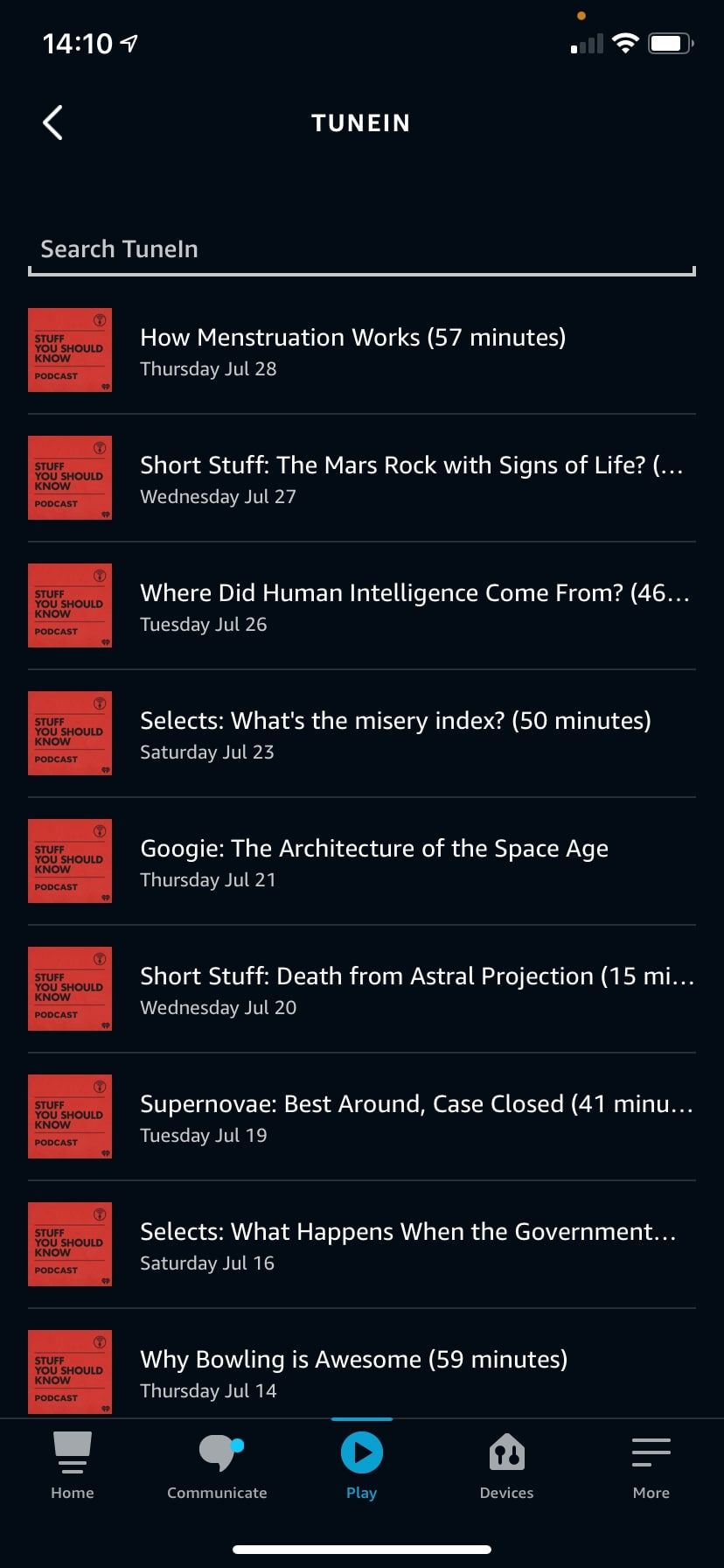 Выбор эпизода в TuneIn