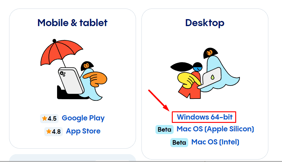 Выбор устройства и ОС на сайте Aloha