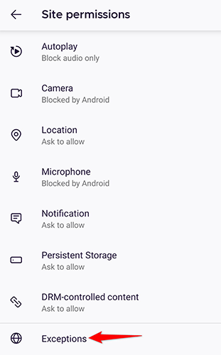 Кнопка «Exceptions» на странице разрешений сайтов в Firefox на Android