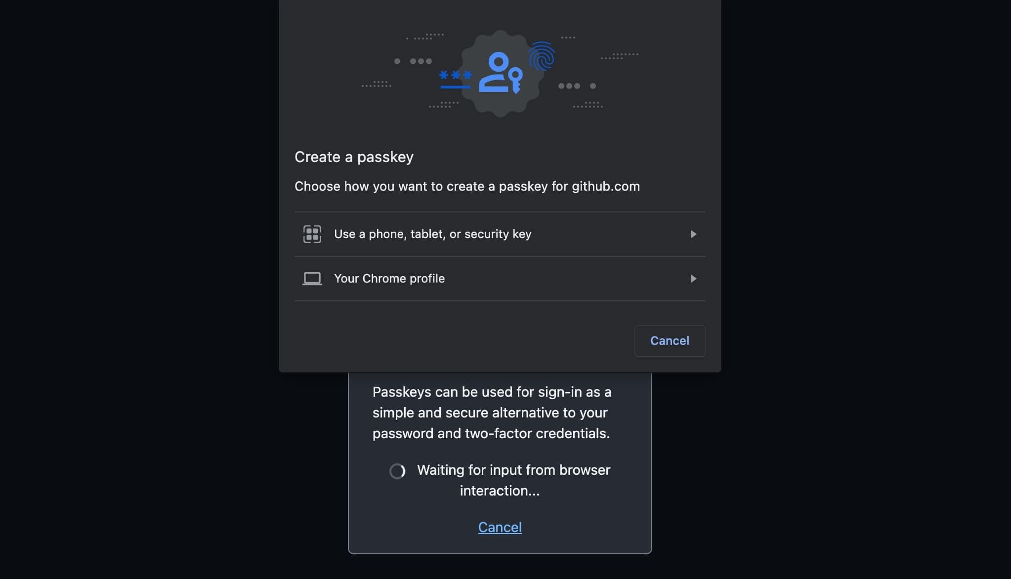 Screenshot of a GitHub modal to choose a Passkey