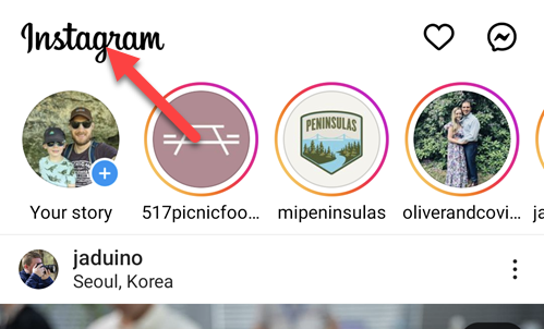 Нажмите на логотип Instagram в левом верхнем углу, чтобы выбрать тип ленты.