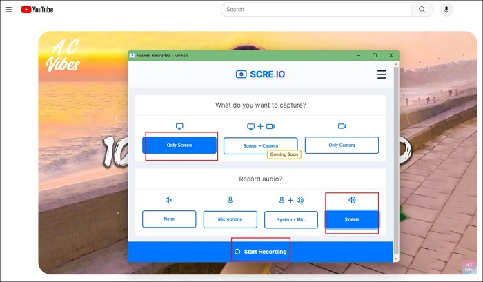 Интерфейс расширения Scre.io для выбора экрана и аудио