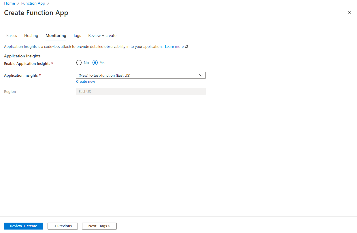 Create a new Application Insights configuration and enable the monitoring option