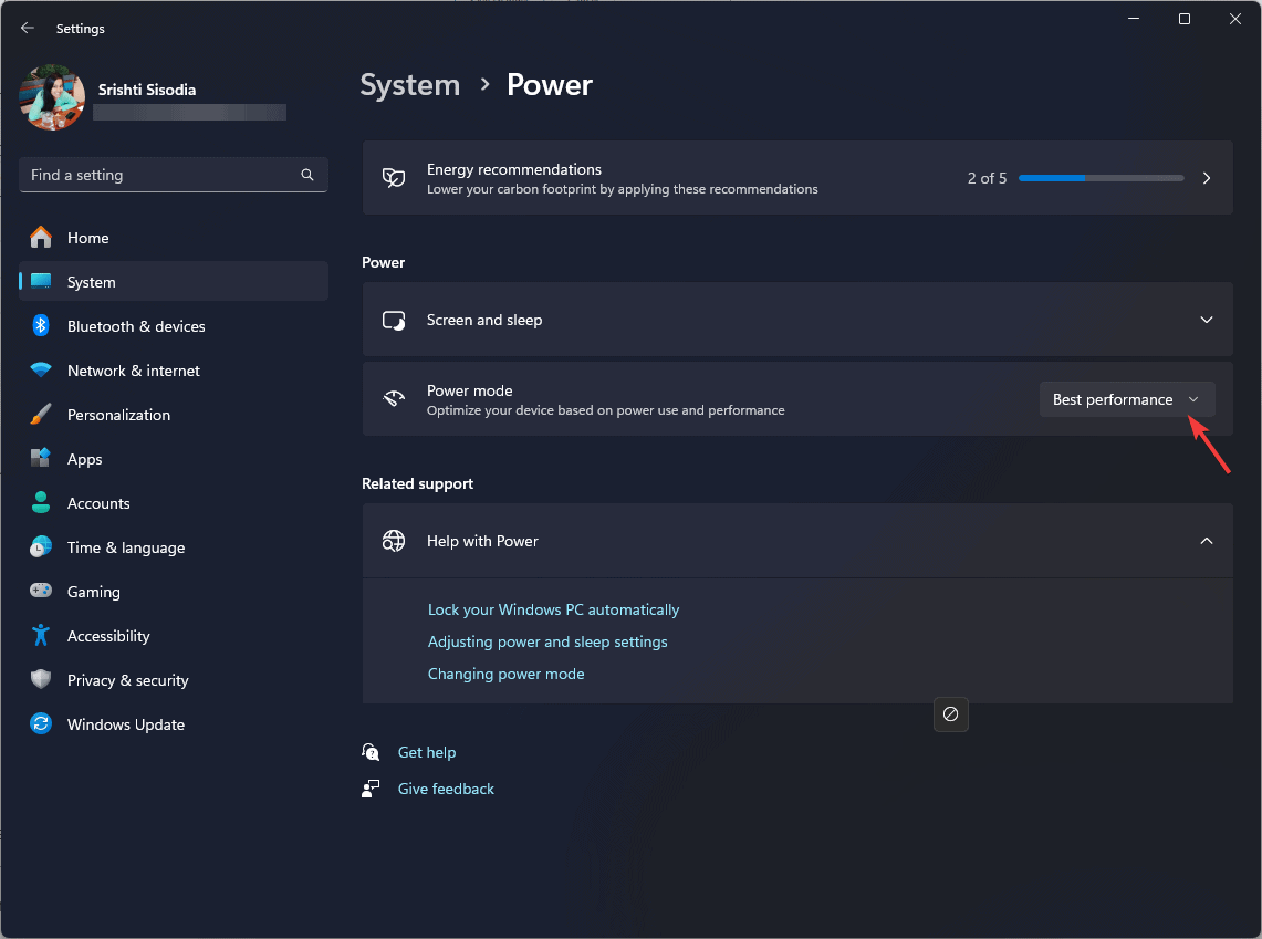 Выбор режима 'Наилучшая производительность' в параметрах питания
