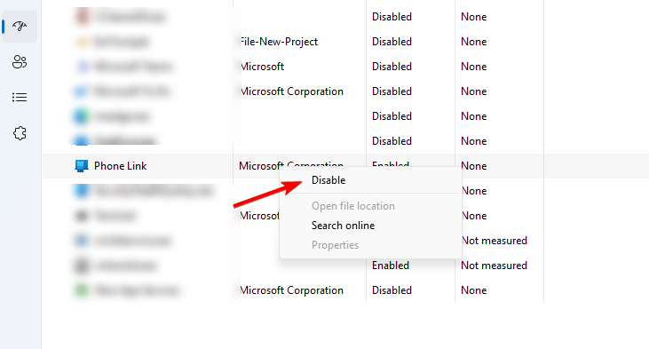 Отключение Phone Link в автозагрузке через Диспетчер задач