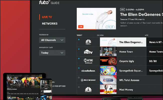 Интерфейс Fubo TV на экране устройства