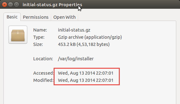 Окно свойств файла инсталляторного лога с датой создания