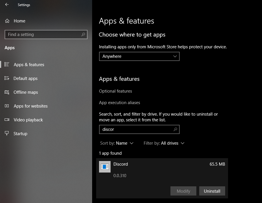 Удаление приложения Discord в настройках Windows