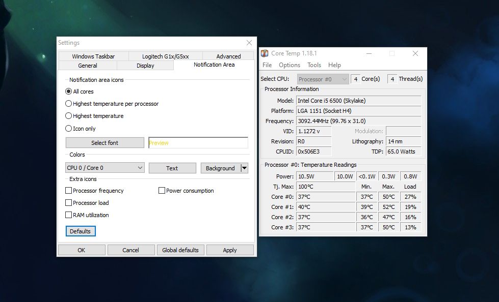 Setting up System Tray icons in Core Temp