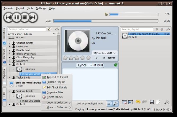 Копирование трека на iPod через Amarok