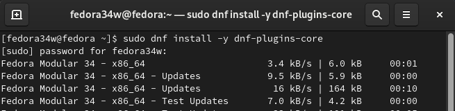 Вывод установки dnf-plugins-core в терминале