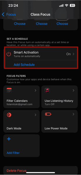 Настройки iPhone Focus Smart Activation