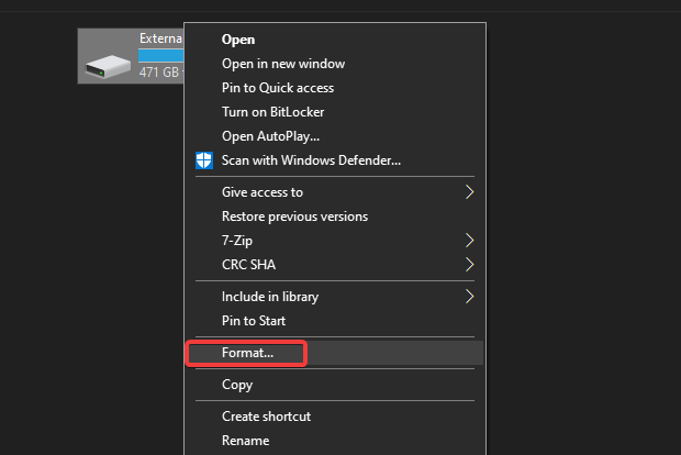 Окно форматирования внешнего диска в Windows