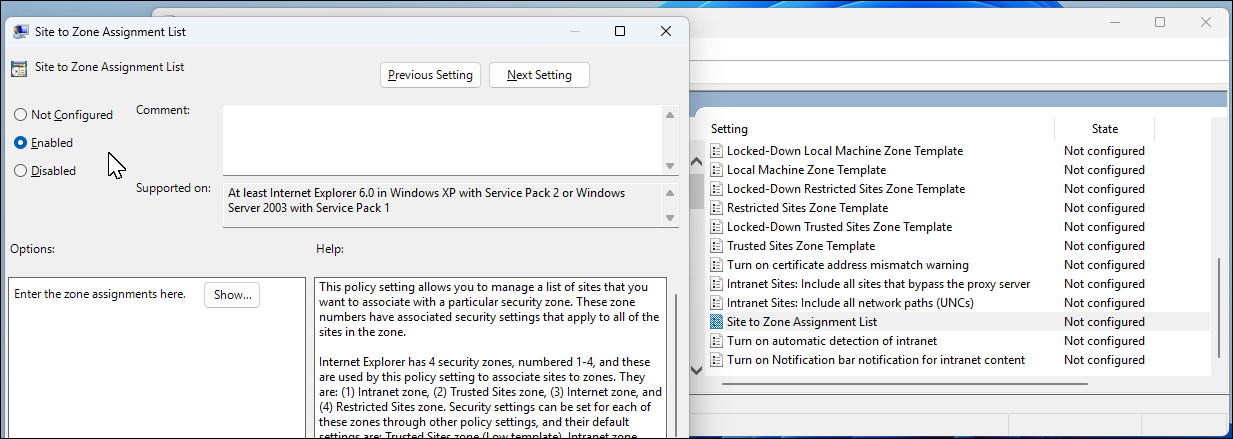 Параметры политики Site to Zone Assignment List в редакторе групповой политики