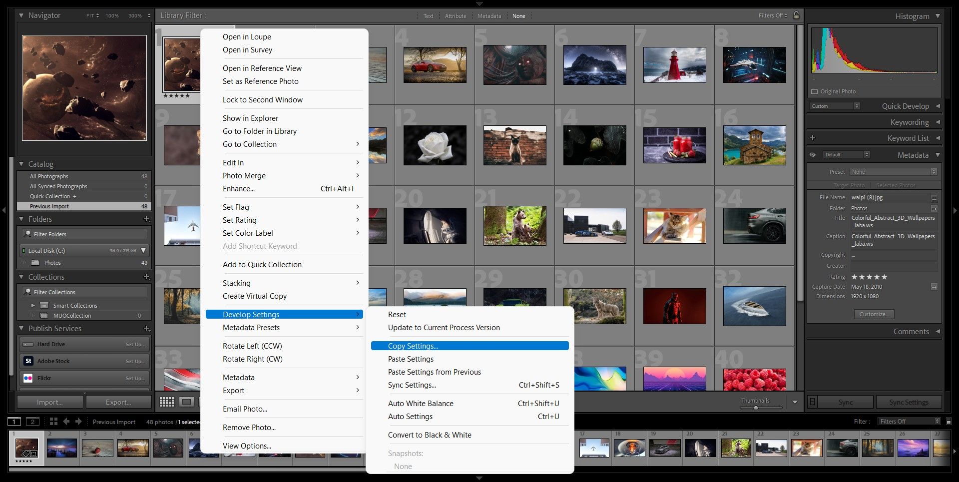 Параметры разработки в Lightroom, меню Copy Settings