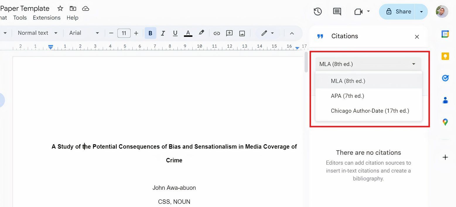 Панель цитирования в Google Docs.