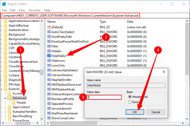 Окно Редактора реестра, поле HideFileExt со значением 0