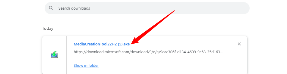 Окно загрузок браузера с выделенным файлом MediaCreationTool.exe.