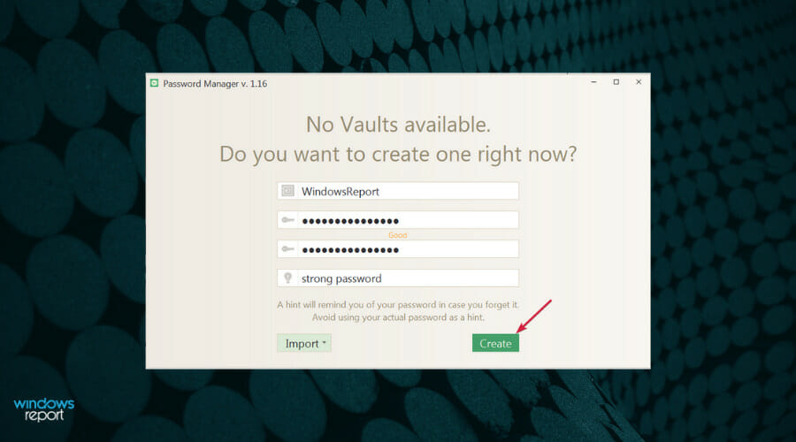 Окно создания хранилища (Vault) в Icecream Password Manager