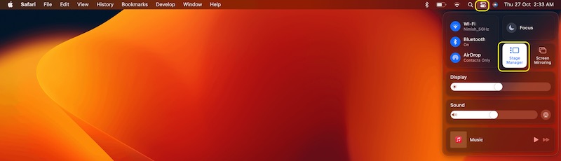 Иконка Центра управления в строке меню macOS с опцией Stage Manager